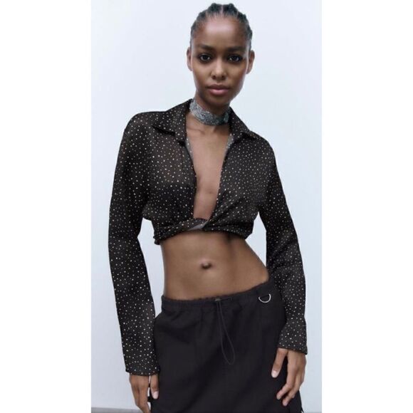 NWT Zara Blogger’s Favorite Satin Effect Polka Dot Open Front Collared Blouse - Picture 9 of 16